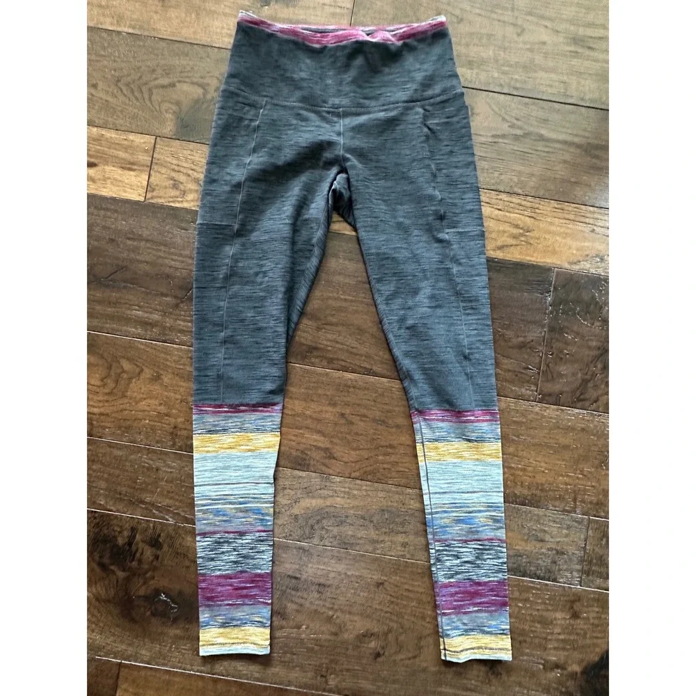 Prana Womens High Waisted Space Dye Striped Leggings Charcoal Grey Multi Small